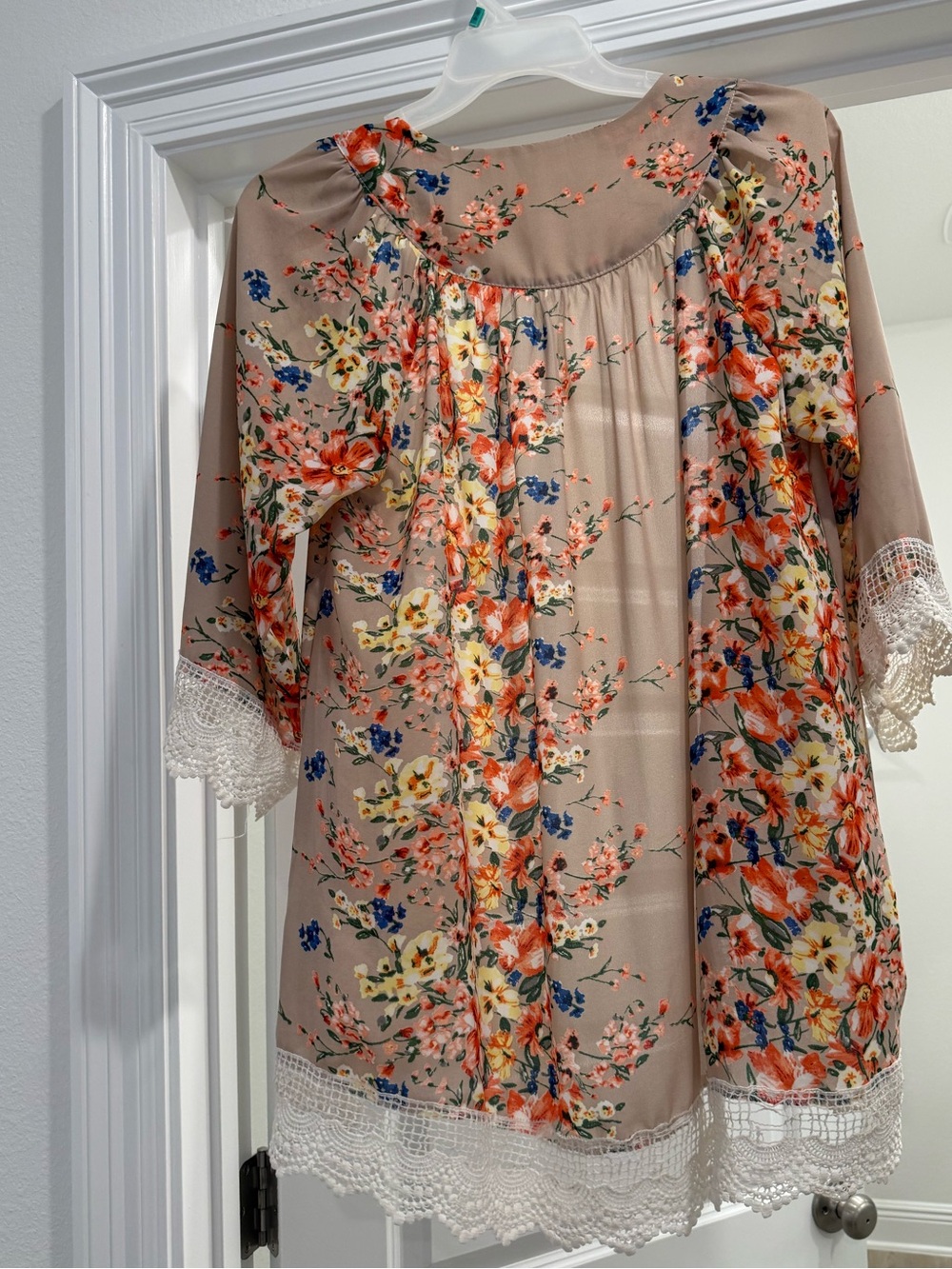 Floral Lace-Trim Peasant Top - Beige with Orange & Blue Flowers